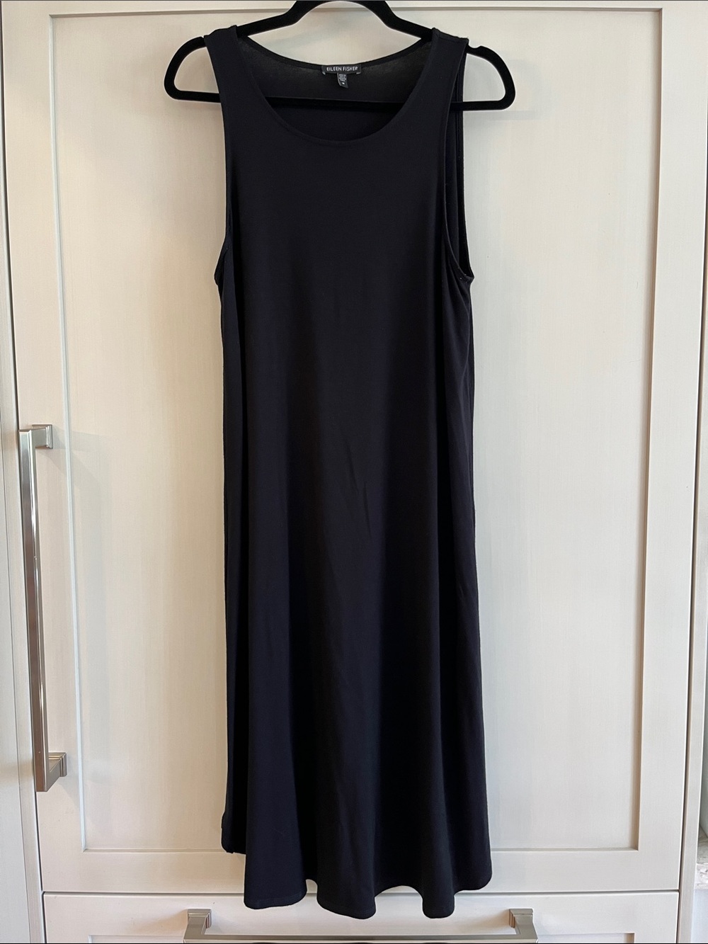 Eileen Fisher Black Sleeveless Midi A-Line Dress with hem rounded up side seams